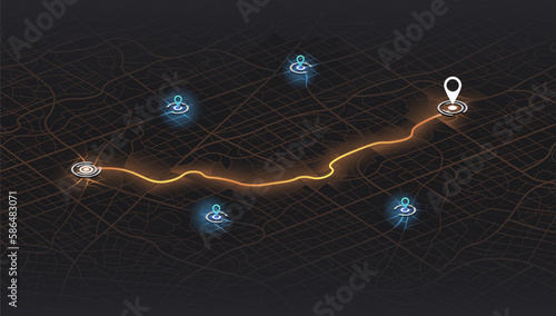 Map mobile app planning travel. Isometric map. City map route, location symbols and navigational system mark. Vector, illustration isolated on white background.