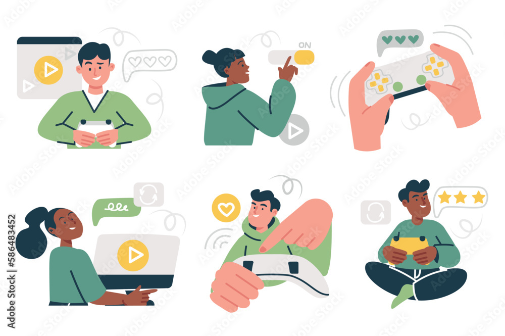 Gaming concept with character situations collection. Vector illustrations