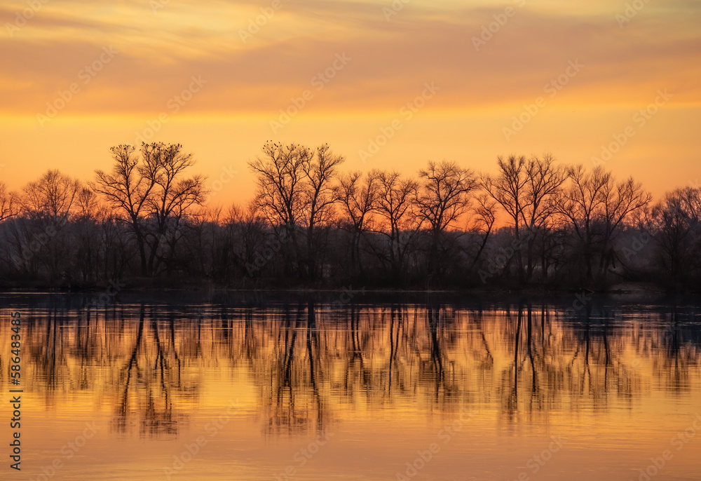 View of the other side of a wide river with the reflection of trees on the surface of the water in the evening at sunset. Silhouettes of trees without leaves