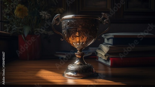 Award for first place golden cup on dark background, created with generative ai