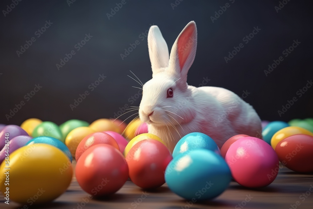 easter bunny and easter eggs with tulips, Generative AI