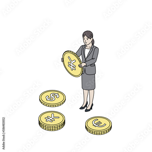 通貨、お金を持つスーツ姿の女性　アイソメトリック