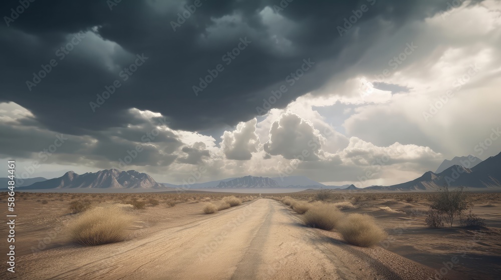 Gravel road with stormy sky, en route to the Namibia desert. Generative ai Gravel road with stormy sky, en route to the Namibia desert. Generative ai