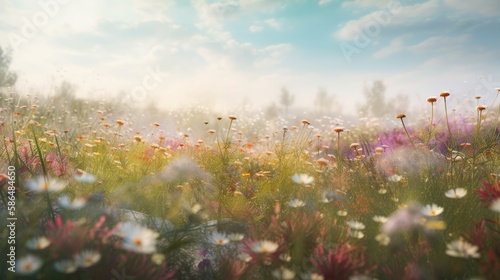 Beautiful meadow in spring - meadow flowers bathed in the spring sunlight. Generative ai