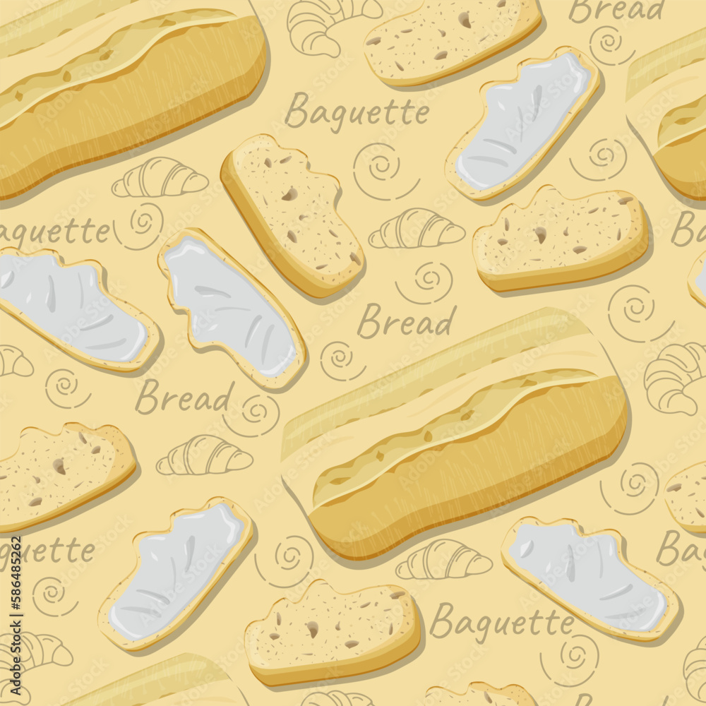 Hand drawn seamless pattern with crispy wheat bread, slices of bread and outline croissants with text Bread on yellow background. Ideal for print design, modern textile, fabric, wrapping, wallpaper Hand drawn seamless pattern with crispy wheat bread, slices of bread and outline croissants with text Bread on yellow background. Ideal for print design, modern textile, fabric, wrapping, wallpaper