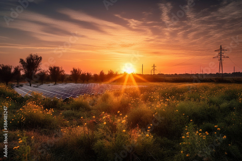 Beautiful sunset over Solar Farm with sunset in the background © Daniel