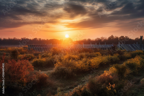 Beautiful sunset over Solar Farm with sunset in the background