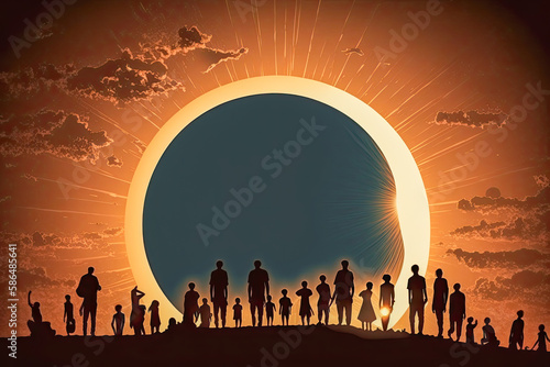 Silhouettes of People watching a total solar eclipse - Generative AI photo