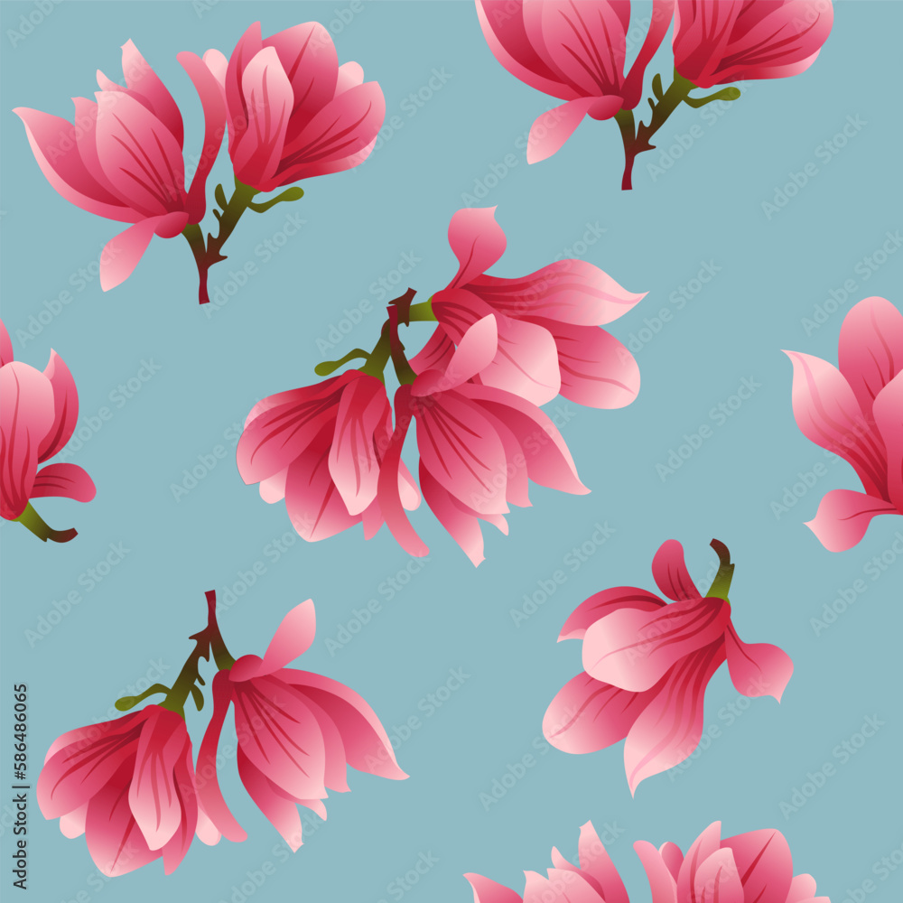 Seamless Spring Pattern of Magnolia Flowers. Floral Vector Background for Wallpaper, Textile Design, Gift Wrap, Fabric, Cover.
