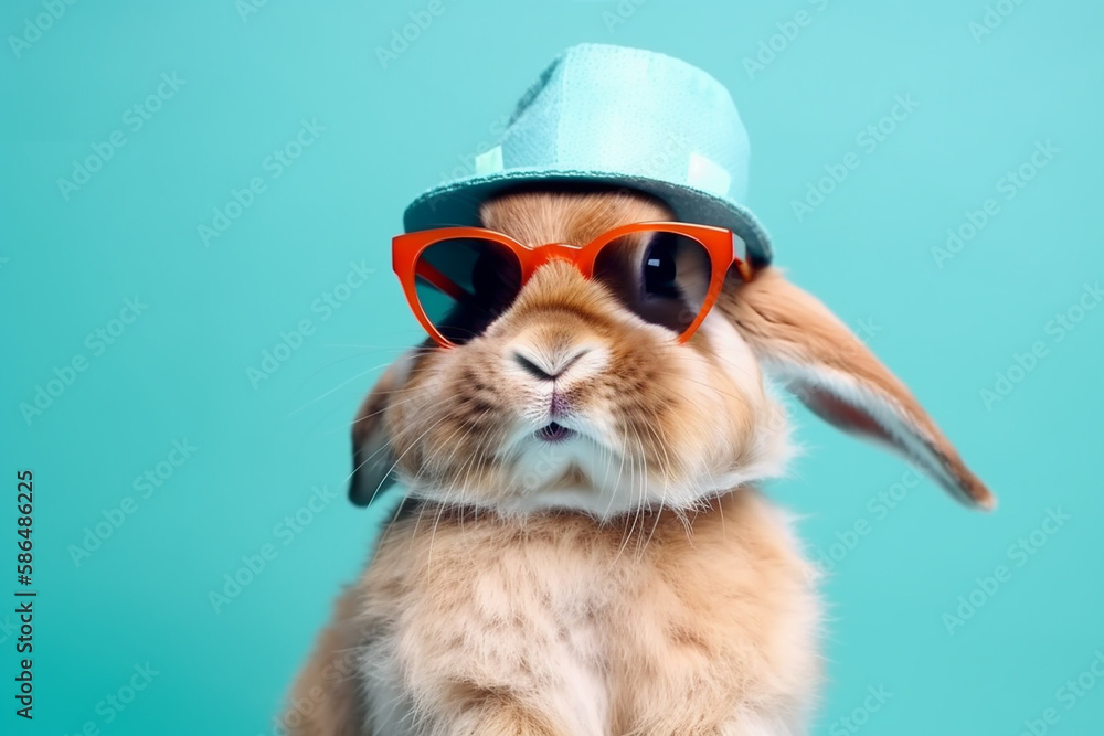 Cute rabbit with red sunglasses on blue background. Generative Ai