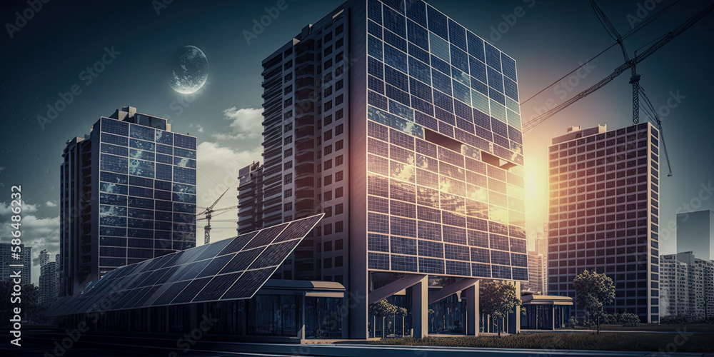 Solar panels on a city building in a business district, showing the trend towards renewable energy - Generative AI