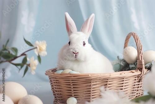 Cute rabbit in a basket, with Easter eggs. Generative Ai