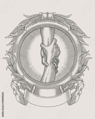 Helping hand concept. sign of help and hope. Two hands taking each other in antique frame engraving style