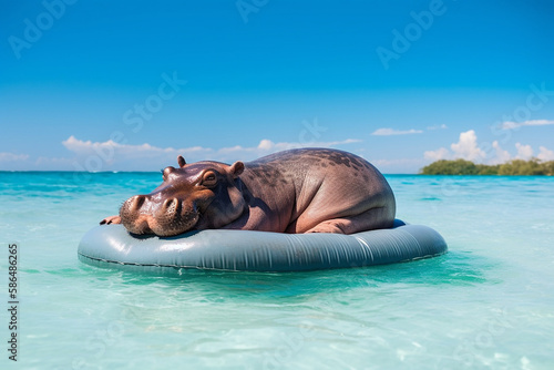 Hippopotamus lying on a inflated mattress at the sea, enjoying on the sun. Generative Ai
 photo