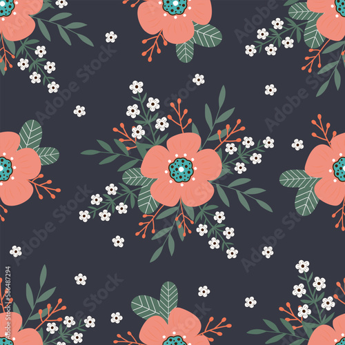 Seamless pattern with hand drawn flowers and branch with leaves