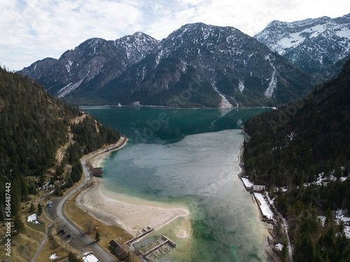 Lake Plansee by winter, Tyrol, Austria. Drone photo photo