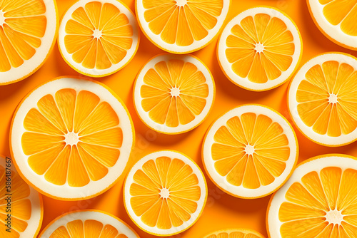 Slices of juicy oranges isolated on orange background. Flying defocused orange slices. Used for advertising fruit juices Generative AI.