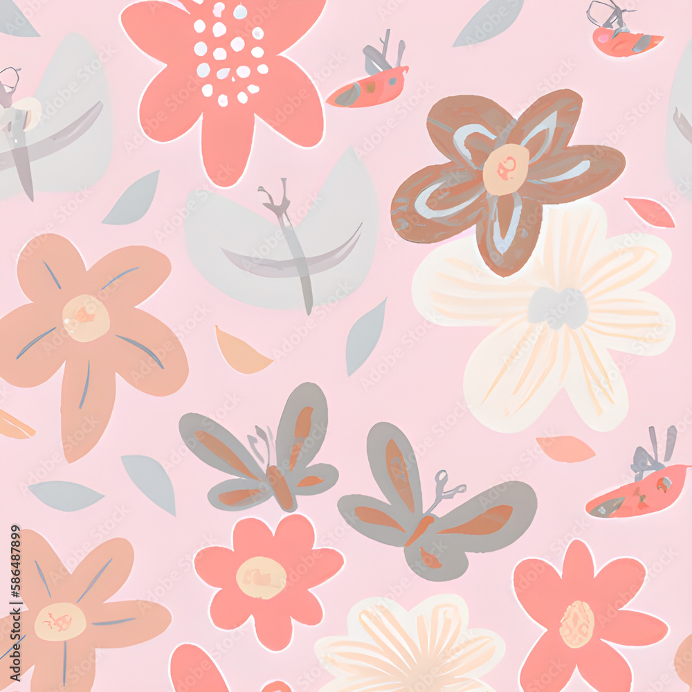 Cute pink artistic flowers and butterflies pattern. Modern graphic style print Cute pink artistic flowers and butterflies pattern. Modern graphic style print