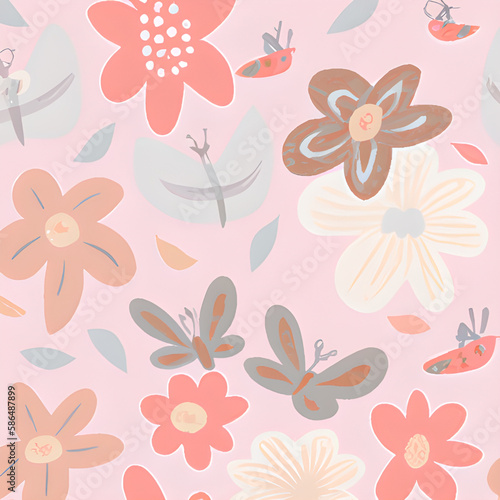 Cute pink artistic flowers and butterflies pattern. Modern graphic style print