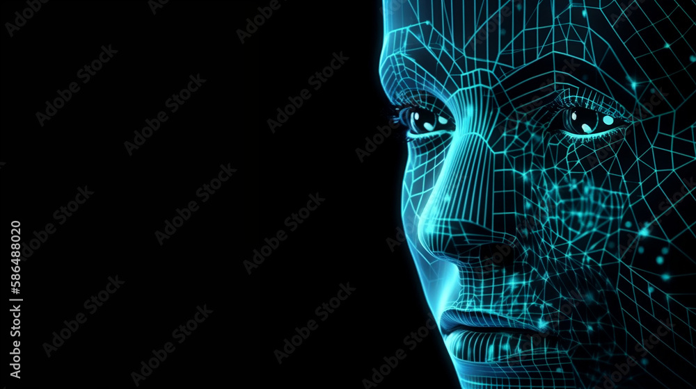 Abstract digital human face. Artificial intelligence concept of big data or cyber security. Generative AI. Abstract digital human face. Artificial intelligence concept of big data or cyber security. Generative AI.