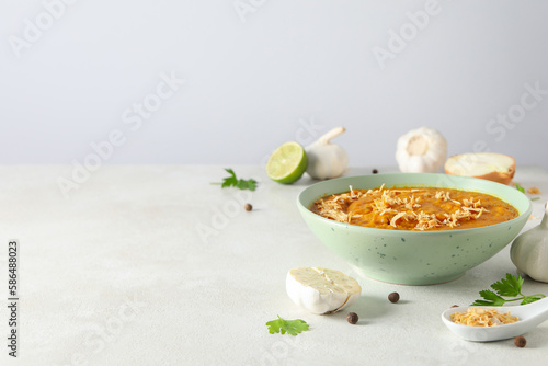 Concept of tasty food  sweet potato puree  space for text