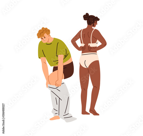 Lovers couple dressing. Happy man and woman taking putting on clothes, apparel. Girlfriends and boyfriends standing, getting dressed. Flat graphic vector illustration isolated on white background