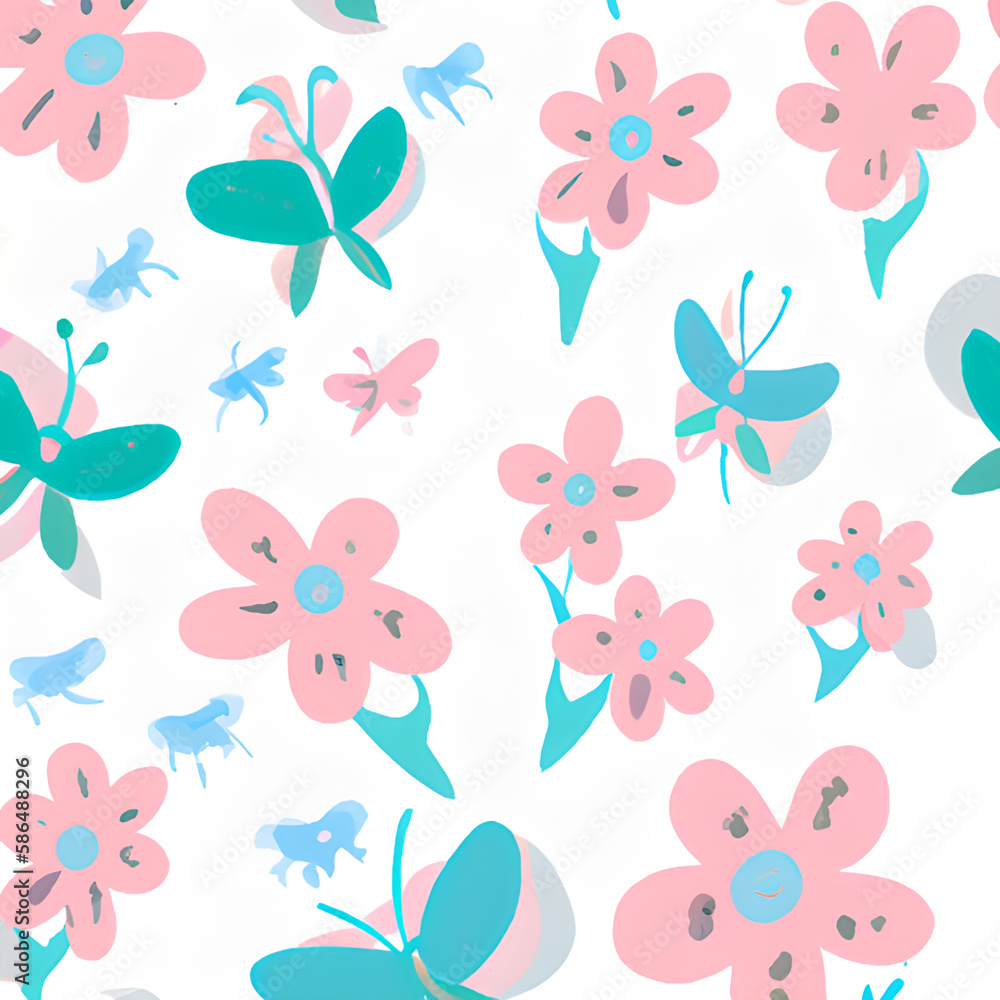 Cute pink artistic flowers and butterflies pattern. Modern graphic style print