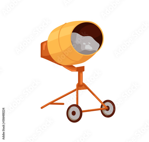 Cement, concrete mixer, drum for mixing, blending building material. Construction industrial portable equipment on wheels. Flat vector illustration isolated on white background