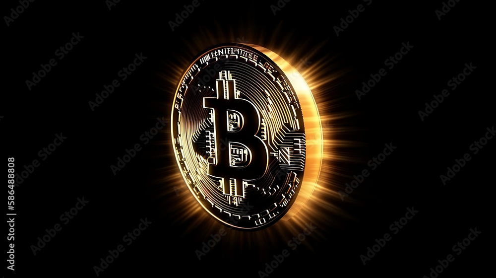 Naklejka premium Bitcoin with glowing lights..Gold bitcoin symbol. Coins. Generative AI.