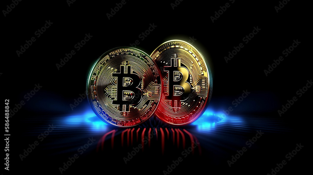 Bitcoin with glowing lights..Gold bitcoin symbol. Coins. Generative AI. Bitcoin with glowing lights..Gold bitcoin symbol. Coins. Generative AI.