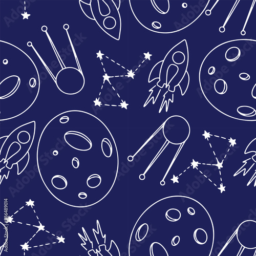 Seamless doodle space pattern on dark background. Rocket, planet, satellite. Vector illustration. 
