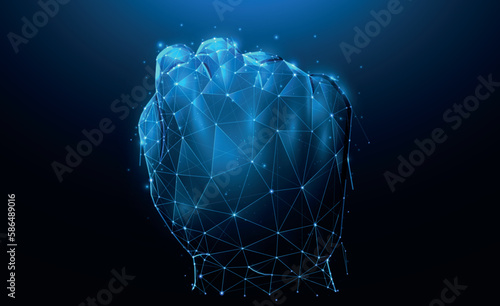 Polygonal vector illustrations of a fist raised upwards against a dark blue background.