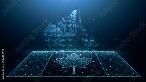 Polygonal vector illustrations of the map and flag Canada on a dark blue background.