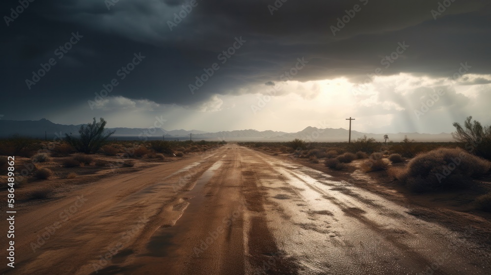 Gravel road with stormy sky, en route to the Namibia desert. Generative ai