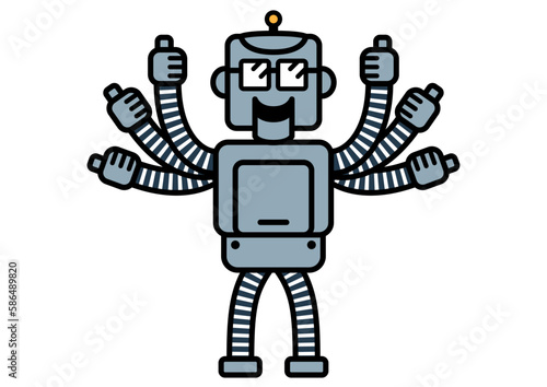 いいねbot。阿修羅のようなロボット。マルチタスクを最新のテクノロジーで処理する機械キャラクター。