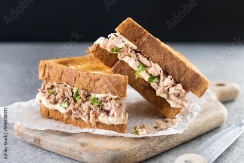 Tuna sandwich with mayo and vegetables on gray stone background.