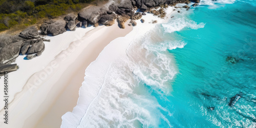 Aerial view of beautiful beach with ocean waves and turquoise water. Generative AI