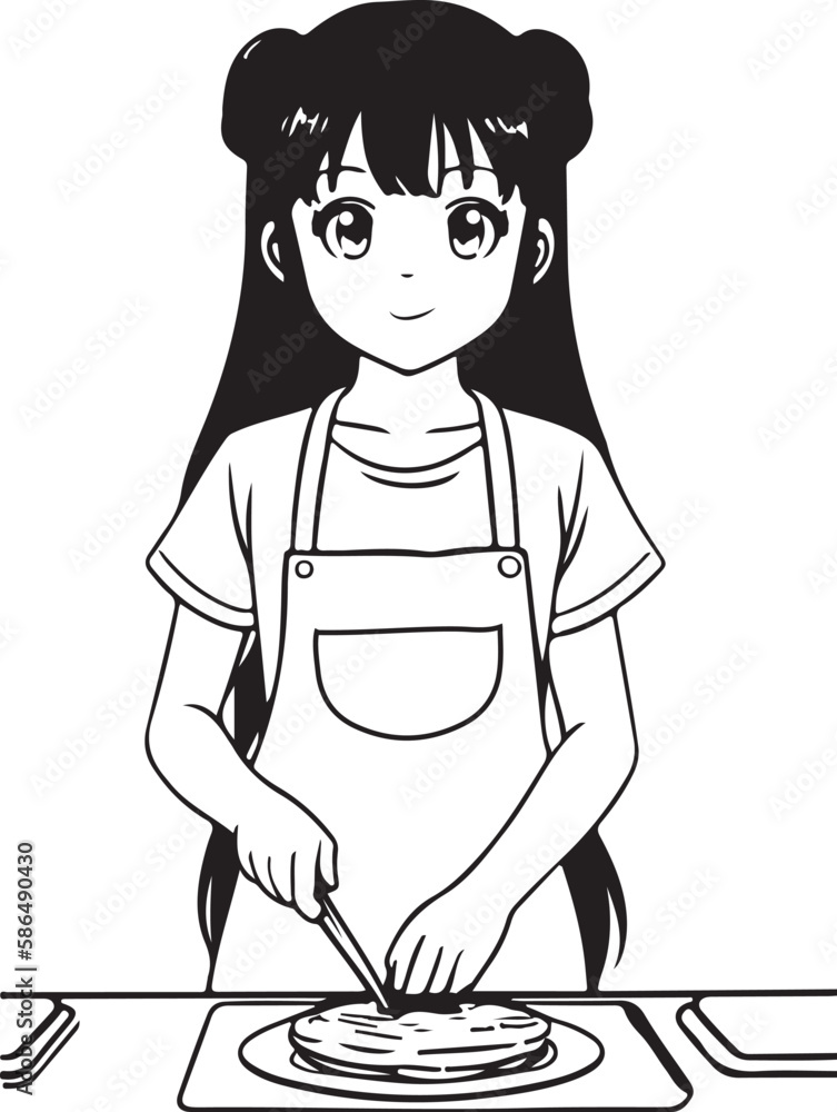 Coloring page cooking girl kawaii style cute anime cartoon drawing illustration vector manga Coloring page cooking girl kawaii style cute anime cartoon drawing illustration vector manga