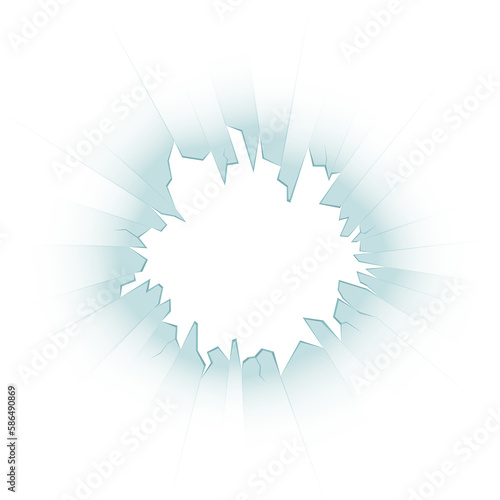 Broken glass, cracked glass effect on transparent background. Realistic bullet hole in glass with shards on transparent background