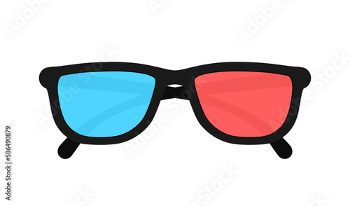 3d glasses isolated on background. Three-dimensional plastic glasses with red and blue lenses. Eyeglasses for 3d illusion in movie, films and images