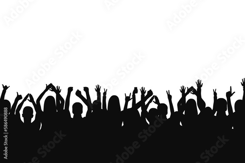 Crowd of people are applauding. Crowd of people show gestures of happiness and support with raised hands
