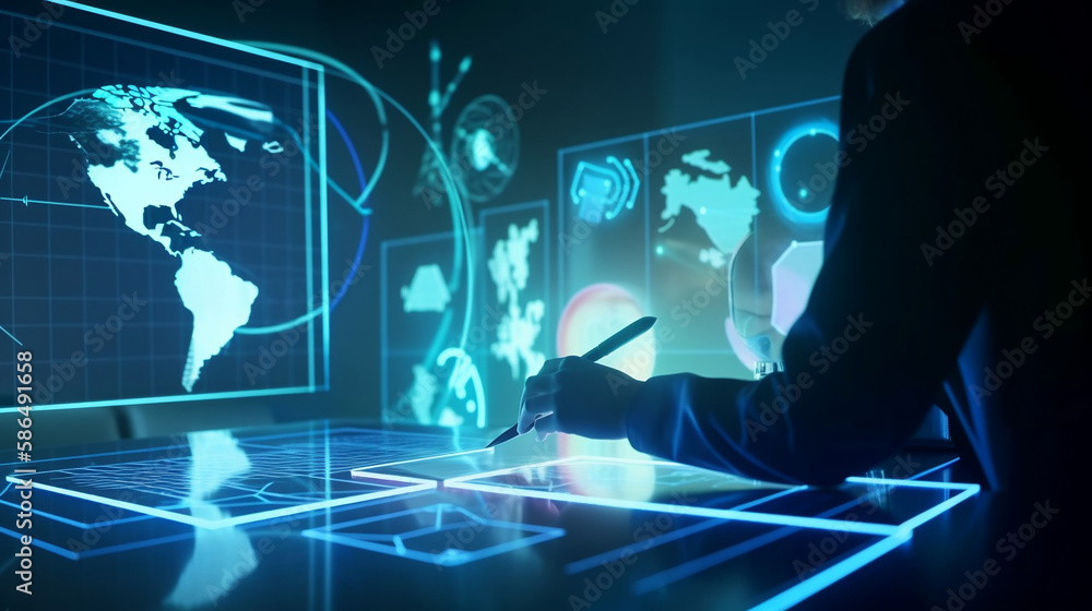 Concept of business and industry growth trends in 2023. Businessman planning market growth in 2023 on desk with virtual hologram chart. economic growth strategy, diversification. Generative AI. Concept of business and industry growth trends in 2023. Businessman planning market growth in 2023 on desk with virtual hologram chart. economic growth strategy, diversification. Generative AI.
