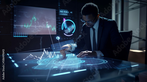 Concept of business and industry growth trends in 2023. Businessman planning market growth in 2023 on desk with virtual hologram chart. economic growth strategy, diversification. Generative AI.