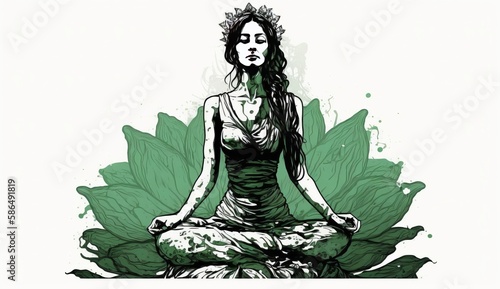 21 June- international yoga day, green woman in lotus yoga pose, Generative ai