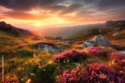 colorful sunset over a mountain range with blooming wildflowers in the foreground. Generative AI