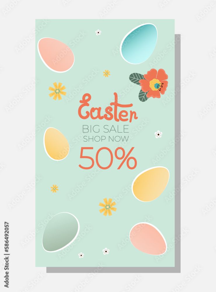 Happy easter sale banner. Flowers with the easter egg on blue background. Can be add text.
