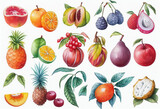 watercolor of  tropical set of fruits generative AI