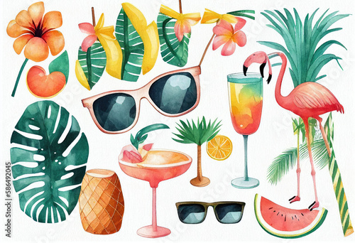 Watercolor summer set including flamingo, cocktail, watermelon, sunglasses generative AI