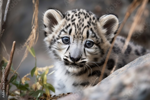 Cute snow leopard cub. Snow leopard baby portrait. digital ai art