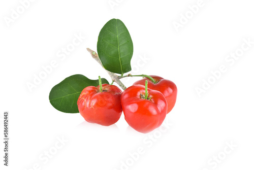 Acerola small cherry fruit with leaf isolated on white background.